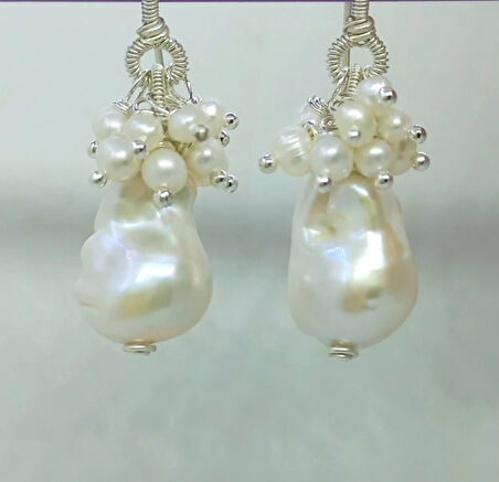 2458 Barok ve kum İnci gümüş aparatlı el yapımı küpe