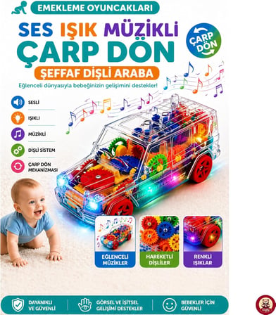 Oyuncak Sesli Işıklı Müzikli Şeffaf Dişli Çarp Dön Oyuncak Araba – Pilli, Emekleme Oyuncağı, Hareketli Işıklı Bebek Arabası