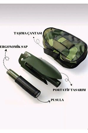 Portatif Çantalı Pusulalı Katlanabilir Kazma Kürek Seti, Kamp Küreği