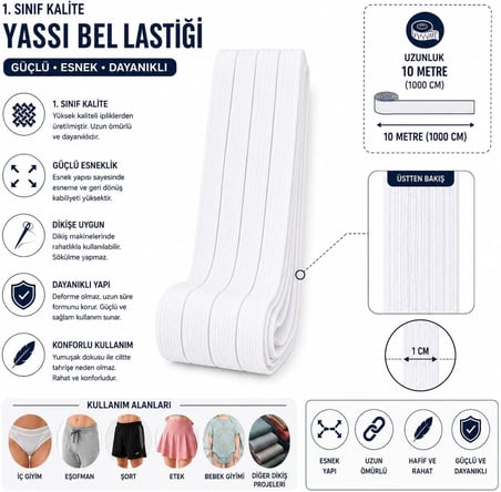 Yassı Bel Lastiği 10 Metre x 1 cm Beyaz Elastik Dikiş Lastiği Güçlü Esnek Dayanıklı İç Giyim Eşofman Pantolon Şort Etek Elbise Bebek ve Hobi Dikiş Projeleri İçin Uygun