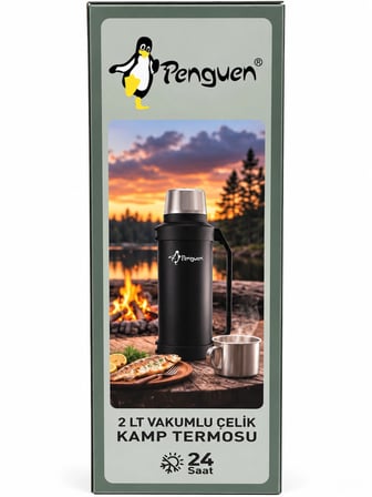 Penguen 2 Litre Paslanmaz Çelik Vakumlu Kamp Termosu Siyah