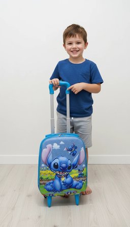 Desenli Parlak Mavi Çocuk Valizi - Erkek ve Kız Çocuk Çekçekli Bavul