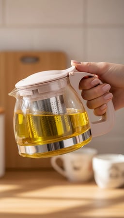 Renkli Süzgeçli Cam Demlik 700 ml -Bej