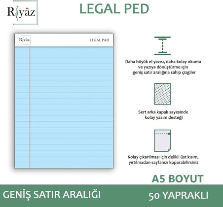 A5 Boyut, 3 adet Mavi Renkli Legal Pad, Notluk, Notepad, Defter, Herbiri 50 Yaprak, Geniş Satır aralığı, okul, iş ve ofis için, Türk Malı