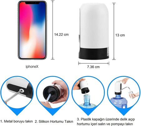 Şarjlı Damacana Su Pompası – USB ile Şarj Edilebilir, Otomatik Tek Motorlu Su Pompası, Taşınabilir , Damacana Su Çekme Cihazı