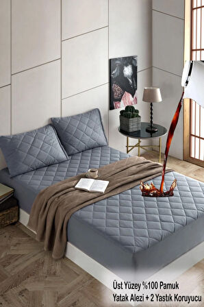 Formeya Set Pamukkale Alez Gri %100 Pamuk Kapitone Yatak Koruyucu Ve Yastık Koruyucu Çarşaf Alez