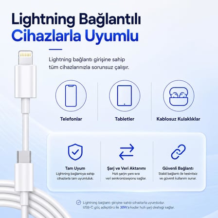 Type-C to Lightning Şarj Kablosu 1 Metre, 30W Hızlı Şarj ve Veri Aktarımı, Güçlendirilmiş Konektör Ucu, Lightning Girişli Cihazlarla Uyumlu, Beyaz Sarj Kablosu Yeni Nesil