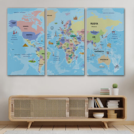 Harita Sepeti Türkçe Dünya Haritası Sembollü ve Okyanuslu Dekoratif Kanvas Tablo 2460