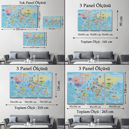 Harita Sepeti Türkçe Dünya Haritası Sembollü ve Okyanuslu Dekoratif Kanvas Tablo 2460