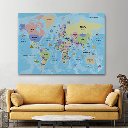 Harita Sepeti Türkçe Dünya Haritası Sembollü ve Okyanuslu Dekoratif Kanvas Tablo 2460