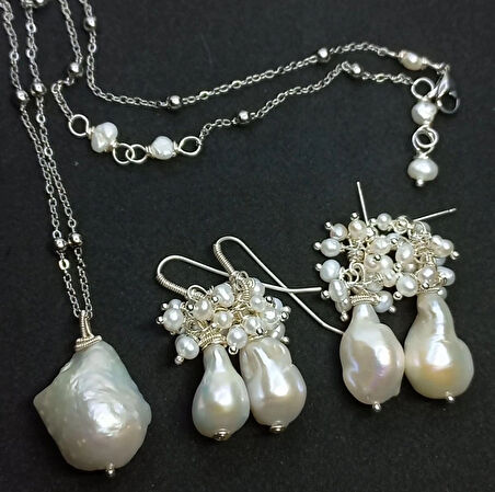 2460 Doğal Barok İnci çelik zincirli el yapımı kolye