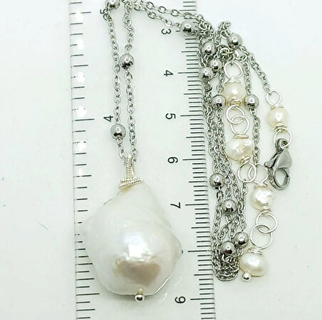 2460 Doğal Barok İnci çelik zincirli el yapımı kolye