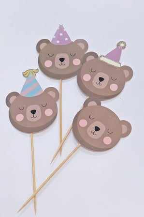 Ayıcık Tema Kürdan Süsleri Cupcake Süsleri Retro Ayı Konsept Lüks Büyük Boy 10lu Paket