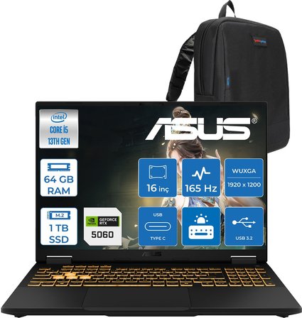 Asus Tuf Gaming F16 FX608JM Intel® Core™ I5 13450HX 64GB Ddr5 1tb SSD RTX5060/8GB 115W 16 Inç 165Hz Fhd+ 16:10 (1920 x 1200, Wuxga)  Freedos Taşınabilir Bilgisayar RV073F23+ZETTAÇANTA
