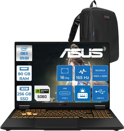 Asus Tuf Gaming F16 FX608JM Intel® Core™ I5 13450HX 80GB Ddr5 256GB SSD RTX5060/8GB 115W 16 Inç 165Hz Fhd+ 16:10 (1920 x 1200, Wuxga)  Freedos Taşınabilir Bilgisayar RV073F26+ZETTAÇANTA