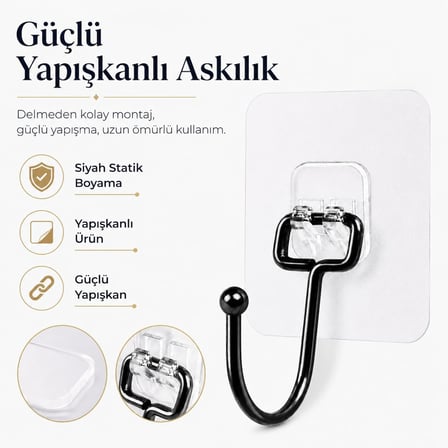 Alper Banyo Yapışkanlı Siyah Askılık, Şeffaf Tabanlı Kancalı Banyo ve Mutfak Askısı, Delmeden Montajlı Metal Havlu ve Bez Askılığı (3 Adet Gönderilmektedir)