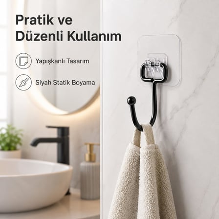 Alper Banyo Yapışkanlı Siyah Askılık, Şeffaf Tabanlı Kancalı Banyo ve Mutfak Askısı, Delmeden Montajlı Metal Havlu ve Bez Askılığı (3 Adet Gönderilmektedir)