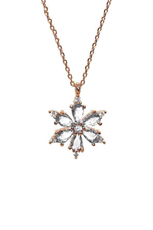 Zirkon Taşlı Çiçek Figürlü Rose Kadın Gümüş Kolye