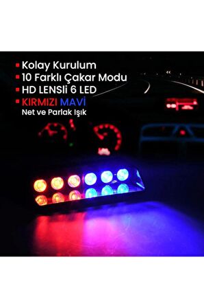 S6 Cam İçi Vantuzlu Polis Çakar 6 Ledli Kırmızı Mavi 12 Mod Çakmaklık Girişli