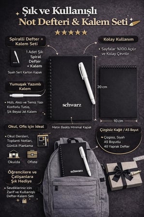 Siyah Spiralli Defter, A5 Çizgisiz Premium Not Defteri, 1 Adet Hediye Beyaz Jel Kalem, Ofis ve Okul İçin Şık Tasarım, Yazı Yazma, Çizim, Not Tutma İçin Mükemmel Hediye Seti