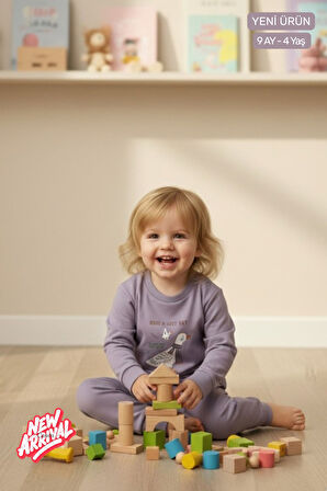 Unisex Bebek & Çocuk Eşofman Takımı Pamuklu Esnek Kumaş Sevimli Kaz Baskılı Lila 2'li Alt Üst Takım