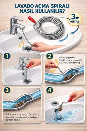 3 Metre Manuel Gider Açma Teli, Lavabo Ve Banyo İ̇Çin Uzun Spiral Gider Açıcı, Paslanmaz Çelik Tıkanıklık Açma Aparatı, Lavabo Açma Spirali 3M, Manuel Gider Açma Aparatı
