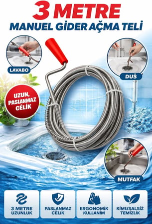 3 Metre Manuel Gider Açma Teli, Lavabo Ve Banyo İ̇Çin Uzun Spiral Gider Açıcı, Paslanmaz Çelik Tıkanıklık Açma Aparatı, Lavabo Açma Spirali 3M, Manuel Gider Açma Aparatı