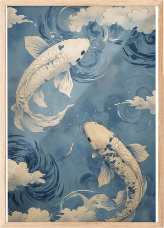 Zestia Ahşap Çerçeveli Tablo, Koi Balıkları, Japon Dalgalar Arasında, Mavi Tonlar Poster No: 107505 30 x 40