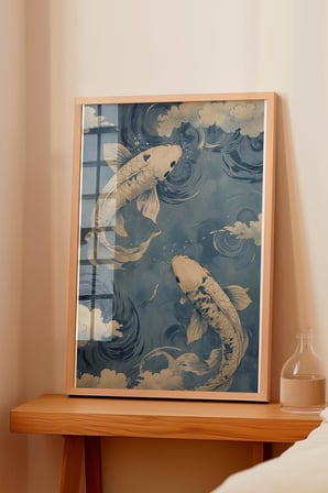 Zestia Ahşap Çerçeveli Tablo, Koi Balıkları, Japon Dalgalar Arasında, Mavi Tonlar Poster No: 107505 30 x 40
