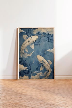 Zestia Ahşap Çerçeveli Tablo, Koi Balıkları, Japon Dalgalar Arasında, Mavi Tonlar Poster No: 107505 30 x 40