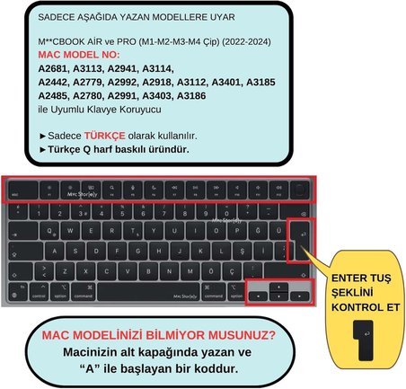 MacBook Türkçe‑Q Klavye Koruyucu Silikon Kılıf Kapak MacBook Air 13,6-15,3 Pro 14-16 inç Uyumlu M5/M4/M3/M2/M1 Touch ID – Toz, Dökülme ve Çizilmelere Karşı Koruma Siyah