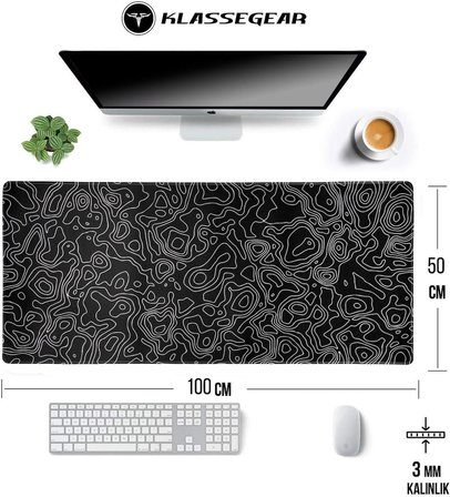Klasse Pro - 4 Farklı Model Dikişli Kenar 100x50 cm Oyuncu Gaming Mouse Pad (Black Map Lines)
