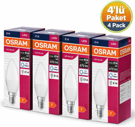 Osram LED Mum Ampul 4.9W (40W Eşdeğer) E14 Duy 470 Lümen –6500K Beyaz- Dekoratif LED Ampul – Dim Edilemez – Enerji Tasarruflu – Avize ve Aplik Uyumlu – 4’lü Paket