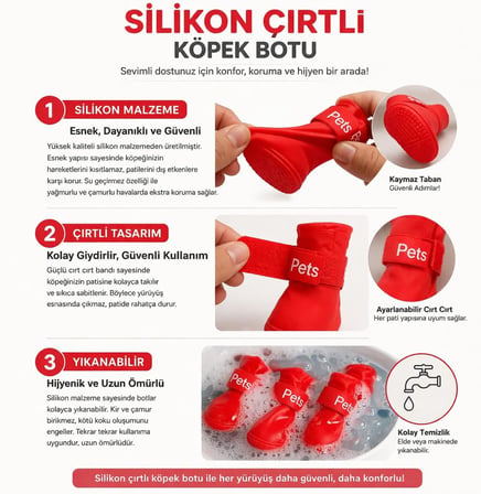 Köpek Ayakkabısı 4’lü Set Su Geçirmez Kaymaz Tabanlı Köpek Botu Küçük Orta Irk Köpekler İçin Koruyucu Patik Yağmur Kar Çamur İçin Dayanıklı Evcil Hayvan Ayakkabısı Kırmızı (Small)
