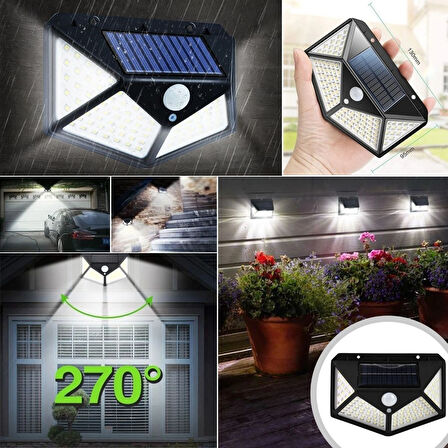 PratikAI 100 LED'li 3 Farklı Aydınlatma Ayarlı Solar Güneş Enerjili Hareket Sensörlü Bahçe Duvar Lambası | Güçlü & Çevre Dostu