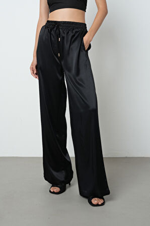 Kadın Siyah Renk Saten Bol Paça Beli Lastikli Pantolon