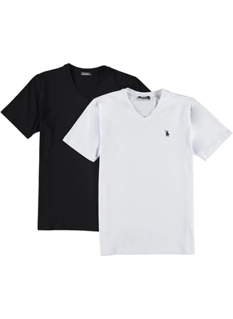 İKİLİ SET T8568 DEWBERRY V YAKA ERKEK T-SHIRT-BEYAZ-SİYAH