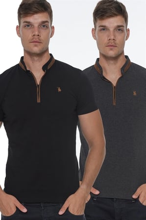 İKİLİ SET T8571 DEWBERRY FERMUARLI ERKEK T-SHIRT-SİYAH-ANTRASİT