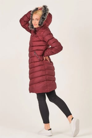 Z6690 DEWBERRY KÜRKLÜ KAPŞONLU BAYAN KABAN-BORDO
