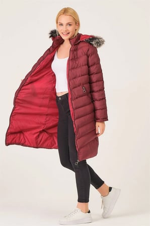 Z6690 DEWBERRY KÜRKLÜ KAPŞONLU BAYAN KABAN-BORDO