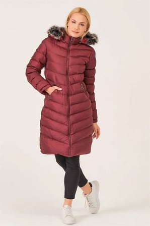 Z6690 DEWBERRY KÜRKLÜ KAPŞONLU BAYAN KABAN-BORDO