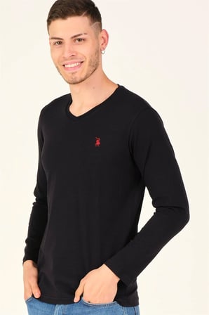 T8587 DEWBERRY V YAKA ERKEK UZUN KOL T-SHIRT-SİYAH