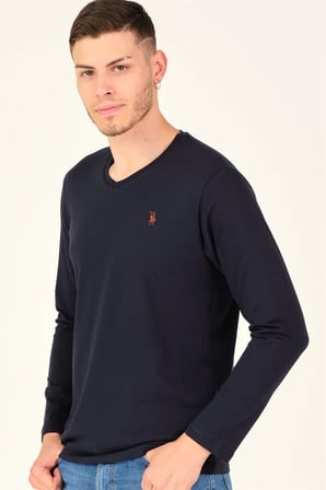 T8587 DEWBERRY V YAKA ERKEK UZUN KOL T-SHIRT-LACİVERT