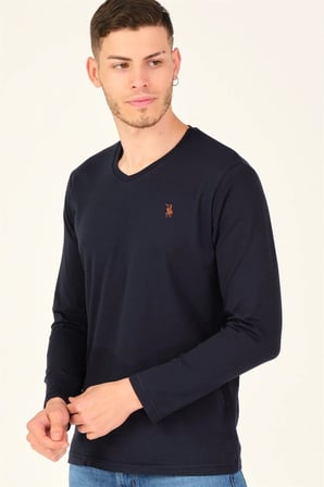 T8587 DEWBERRY V YAKA ERKEK UZUN KOL T-SHIRT-LACİVERT