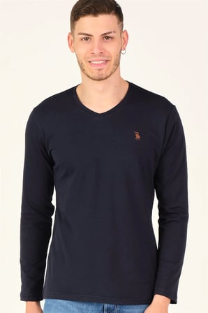 T8587 DEWBERRY V YAKA ERKEK UZUN KOL T-SHIRT-LACİVERT