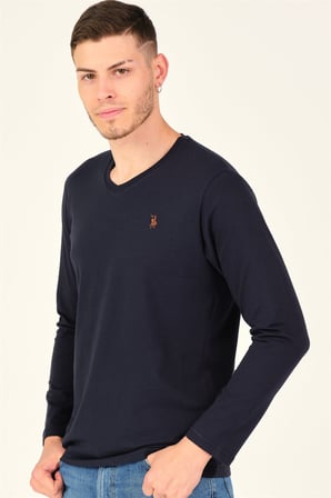 T8587 DEWBERRY V YAKA ERKEK UZUN KOL T-SHIRT-KOYU LACİVERT