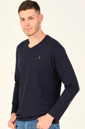 T8587 DEWBERRY V YAKA ERKEK UZUN KOL T-SHIRT-KOYU LACİVERT