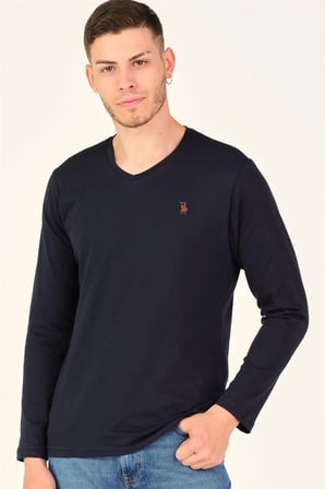 T8587 DEWBERRY V YAKA ERKEK UZUN KOL T-SHIRT-KOYU LACİVERT