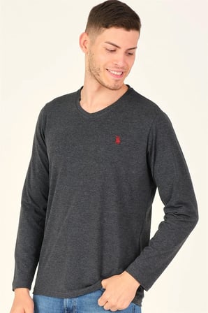 T8587 DEWBERRY V YAKA ERKEK UZUN KOL T-SHIRT-KOYU ANTRASİT