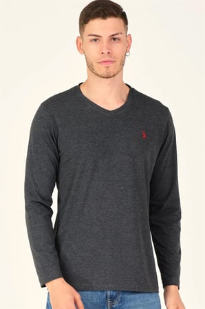 T8587 DEWBERRY V YAKA ERKEK UZUN KOL T-SHIRT-KOYU ANTRASİT